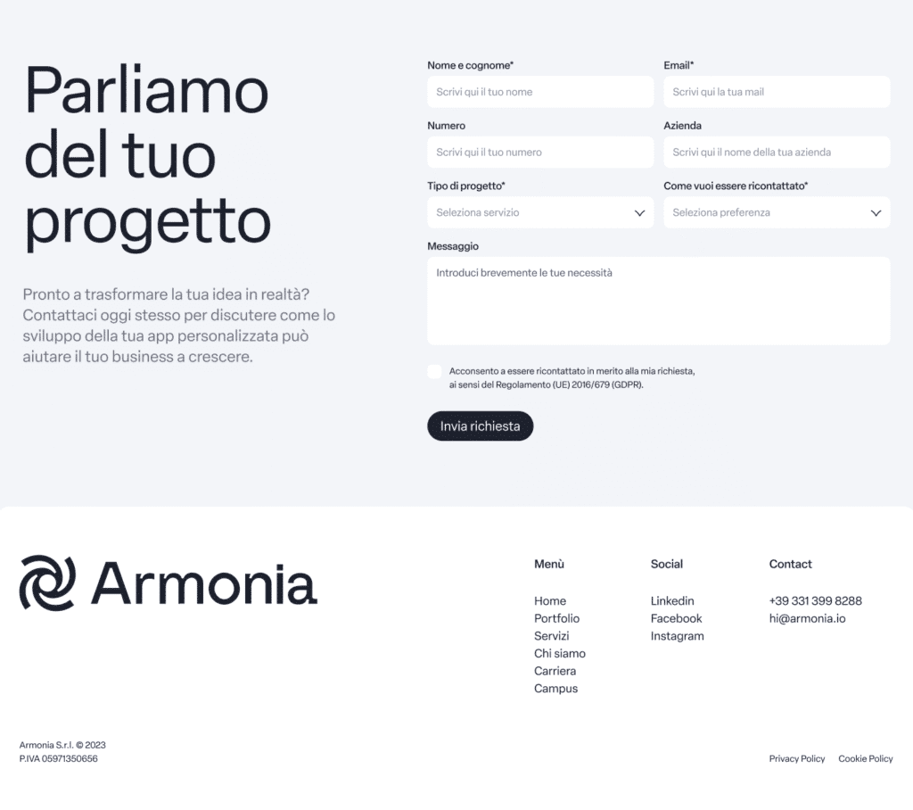 ultima sezione della landing armonia con form contatti